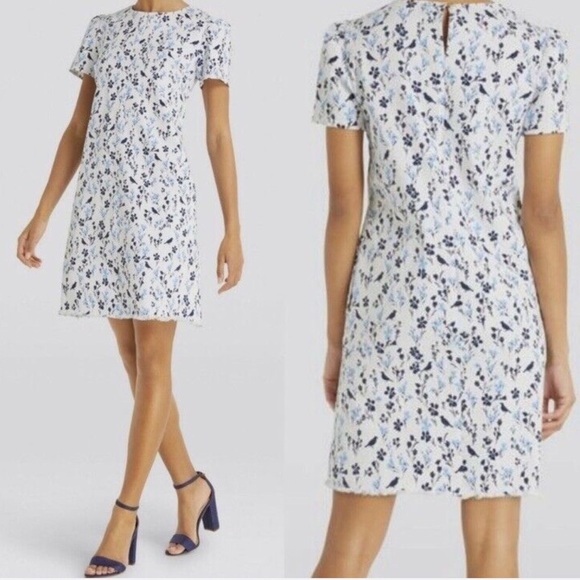Draper James Dresses & Skirts - Draper James Bird Floral Printed White Denim Shift Dress Fray Hem